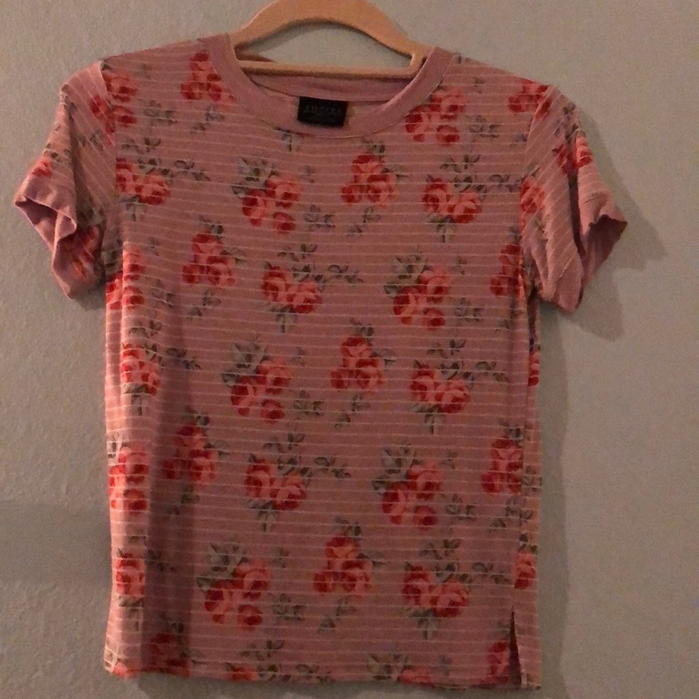 Purple t-shirt with white stripes and roses